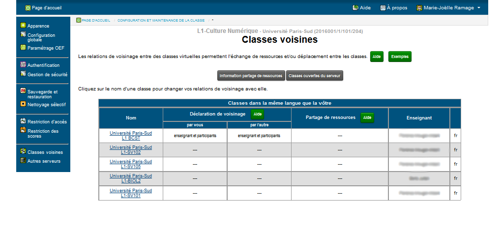 écran de déclaration de voisinage : liste des classes voisines